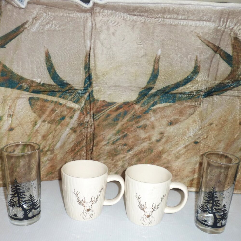 HUNTING CAMP LOT Anti-Slip DEER RUG 2 Deer DRINKING GLASSES 2 Deer COFFE MUGS